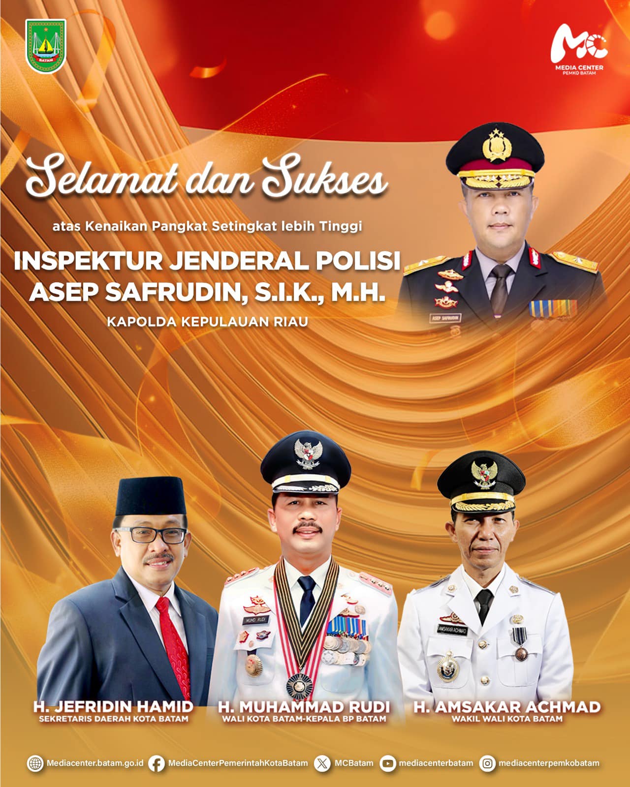 Selamat dan sukses atas kenaikan pangkat setingkat lebih tinggi kepada Inspektur Jenderal Polisi Asep Safrudin, S.I.K., M.H. Kapolda Kepulauan Riau.